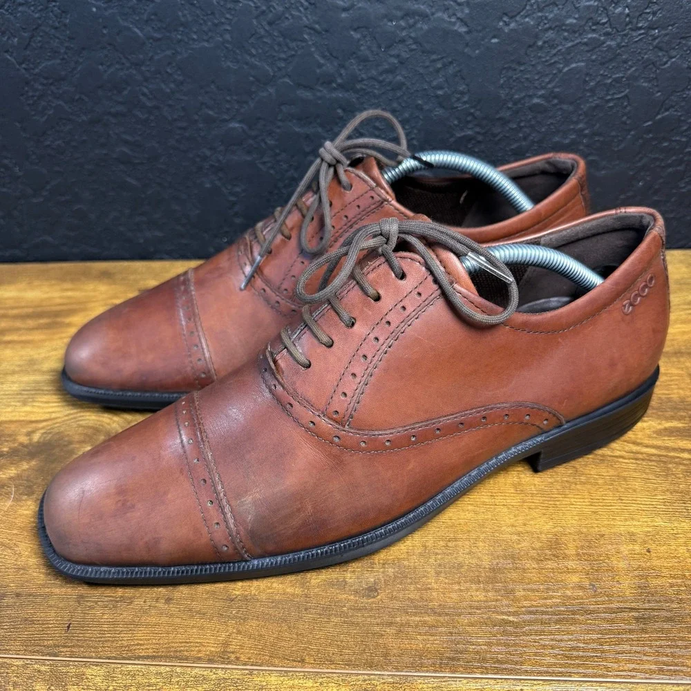 ECCO Helsinki Cognac Leather Brogue Oxford Dress Shoes‎ Mens EU 42 US 8-8.5